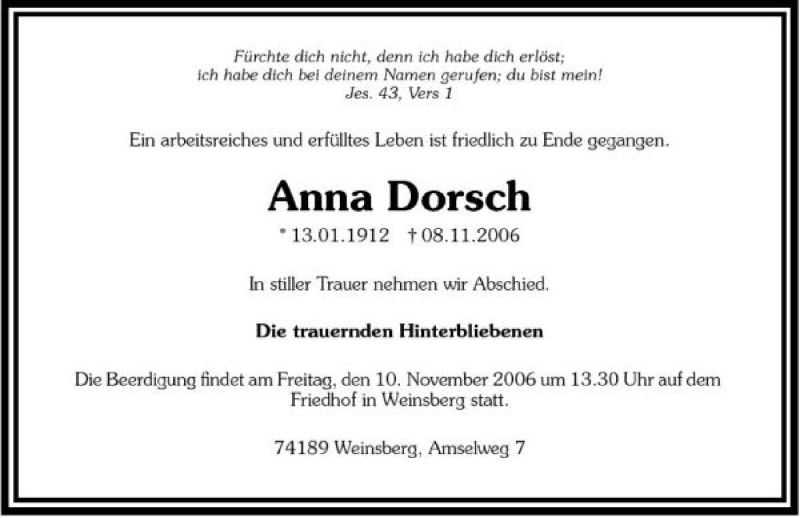  Traueranzeige für Anna Dorsch vom 09.11.2006 aus 