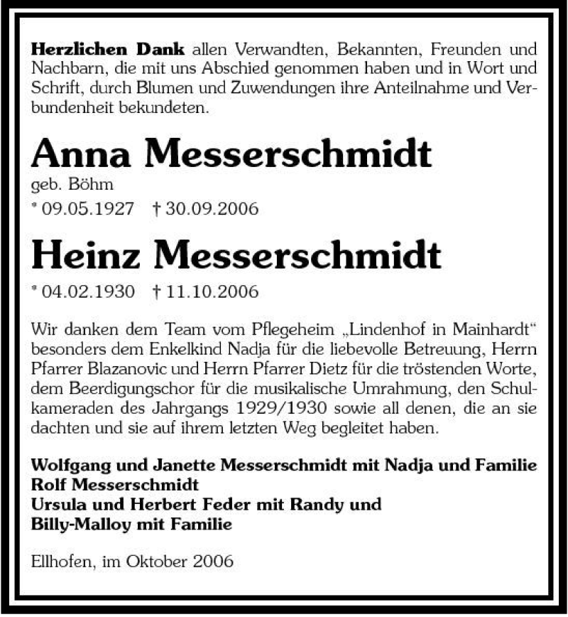  Traueranzeige für Anna und Heinz Messerschmidt vom 10.11.2006 aus 