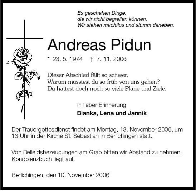 Traueranzeige für Andreas Pidun vom 10.11.2006 aus 