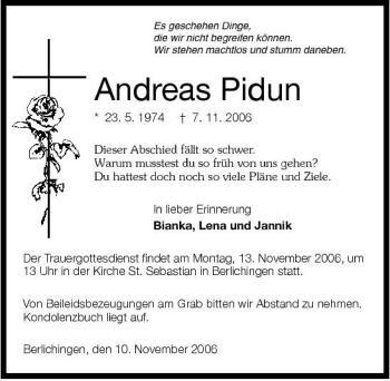 Traueranzeige von Andreas Pidun 