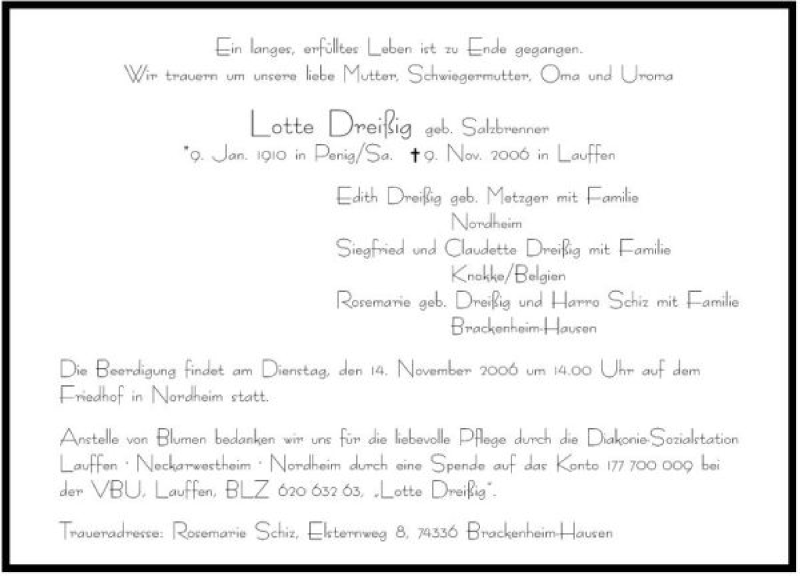  Traueranzeige für Lotte Dreißig vom 11.11.2006 aus 