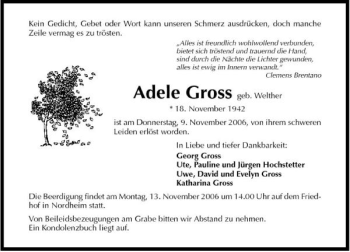 Traueranzeige von Adele Gross 