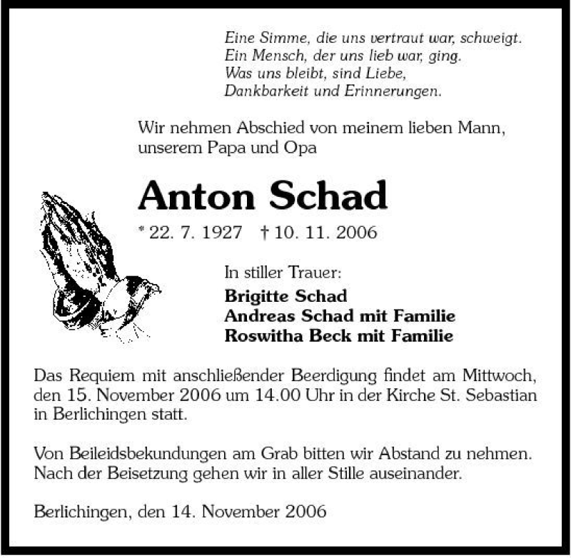  Traueranzeige für Anton Schad vom 14.11.2006 aus 