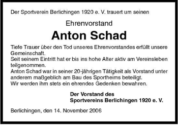 Traueranzeige von Anton Schad 