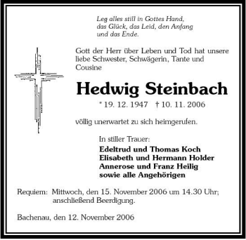 Traueranzeige von Hedwig Steinbach 