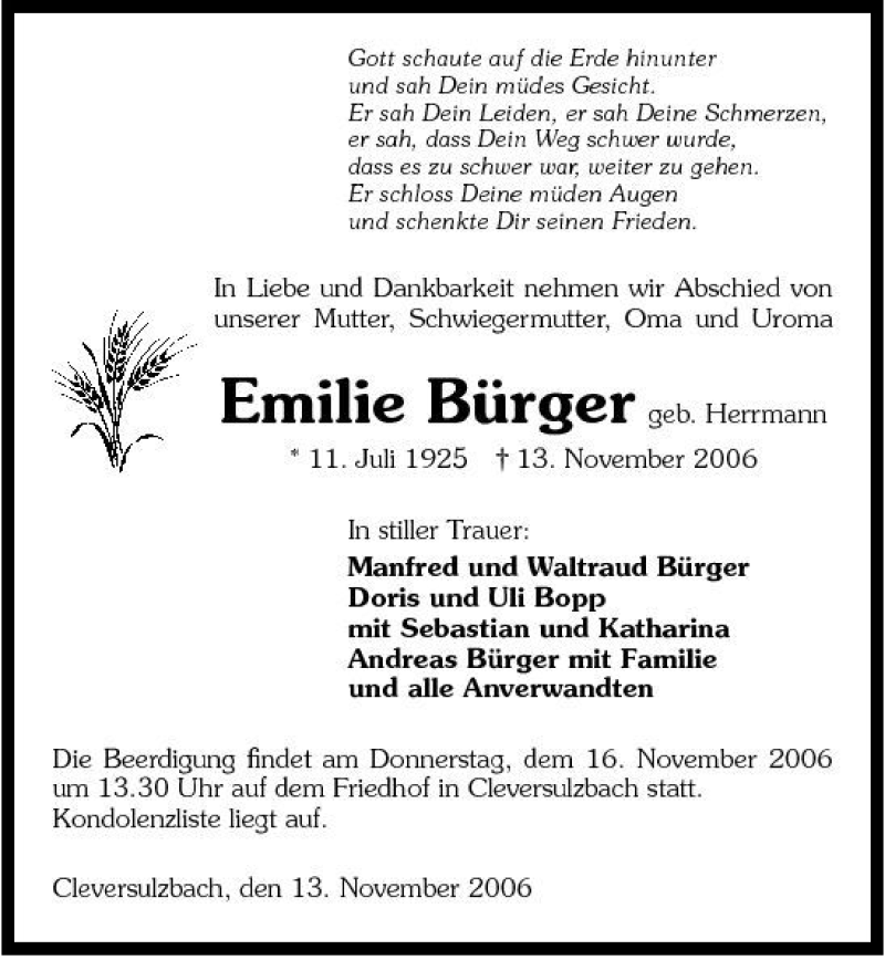  Traueranzeige für Emilie Bürger vom 14.11.2006 aus 
