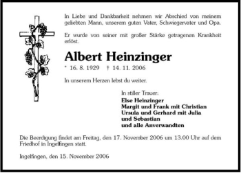 Traueranzeige von Albert Heinzinger 
