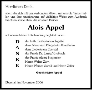 Traueranzeige von Alois Appel 