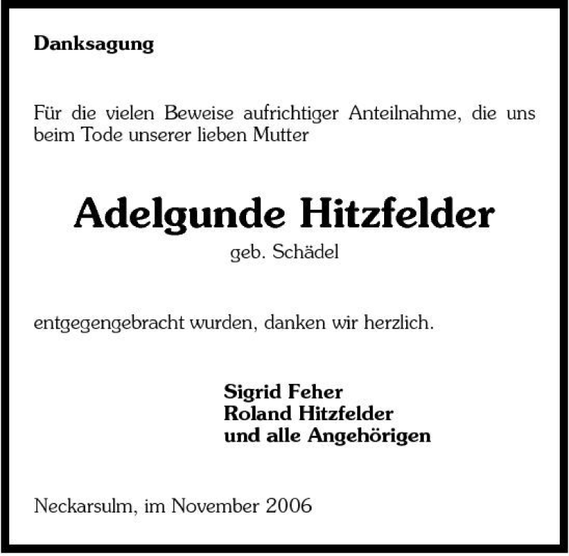  Traueranzeige für Adelgunde Hitzfelder vom 18.11.2006 aus 