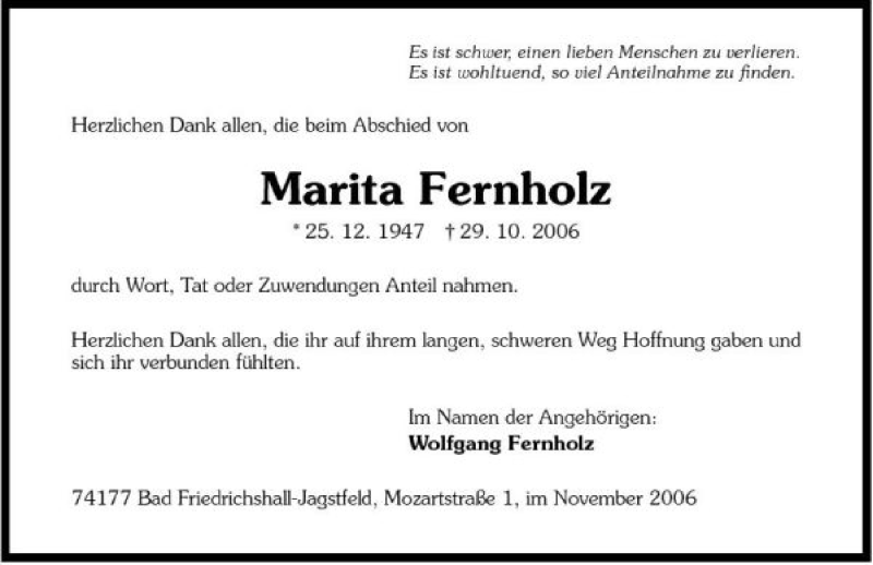  Traueranzeige für Marita Fernholz vom 18.11.2006 aus 