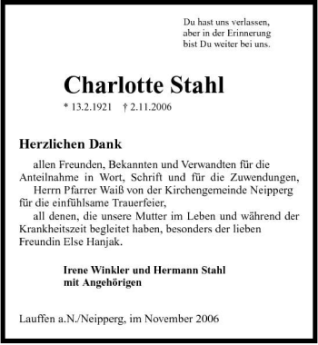 Traueranzeige von Charlotte Stahl 