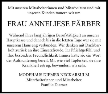 Traueranzeige von Anneliese Färber 