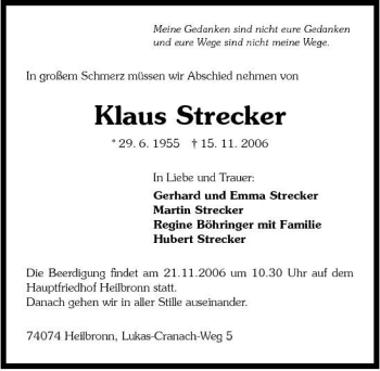 Traueranzeige von Klaus Strecker 