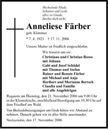 Traueranzeige von Anneliese Färber 