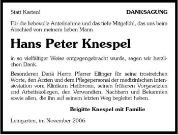 Traueranzeige von Hans Peter Knespel 
