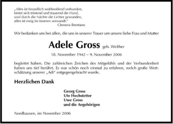 Traueranzeige von Adele Gross 