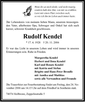 Traueranzeige von Rudolf Kendel 