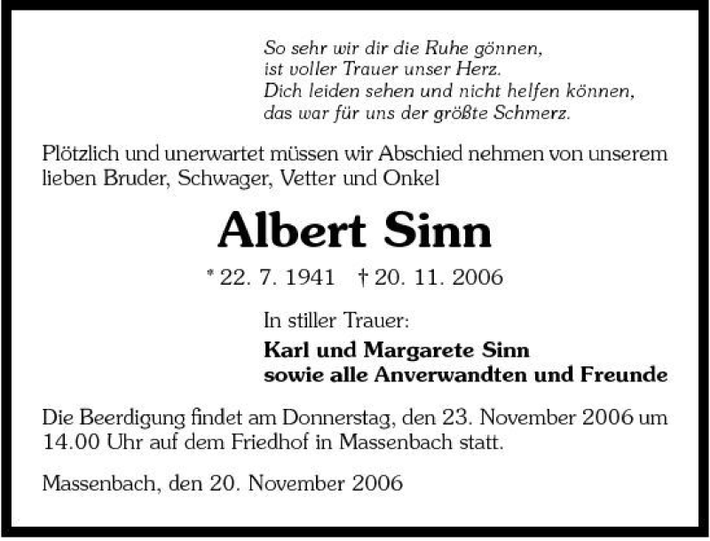  Traueranzeige für Albert Sinn vom 22.11.2006 aus 