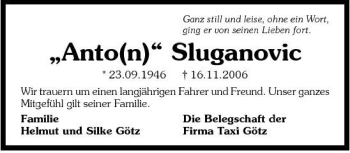 Traueranzeige von Anton Sluganovic 