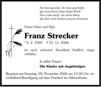 Traueranzeige von Franz Strecker 