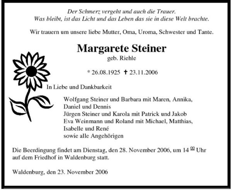  Traueranzeige für Margarete Steiner vom 25.11.2006 aus 