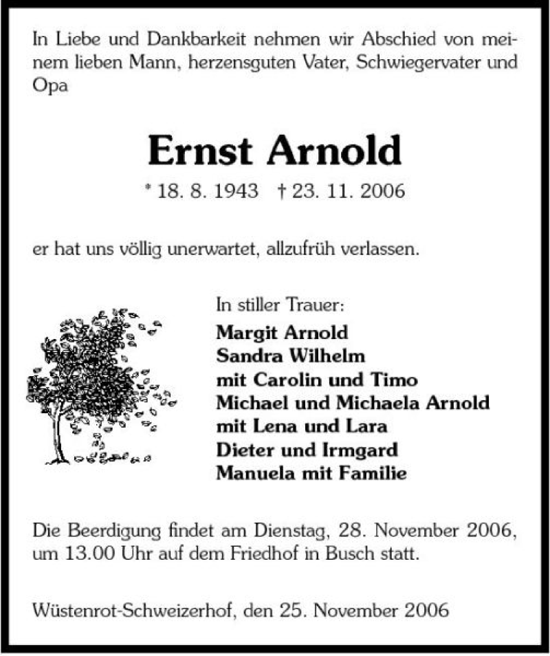  Traueranzeige für Ernst Arnold vom 25.11.2006 aus 