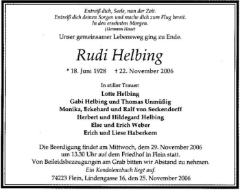 Traueranzeige von Rudolf Helbing 