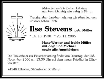 Traueranzeige von Ilse Stevens 
