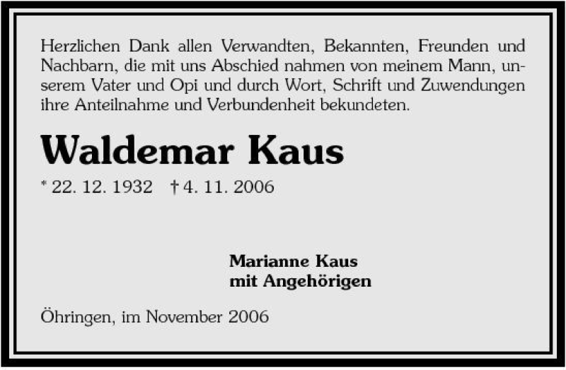  Traueranzeige für Waldemar Kaus vom 28.11.2006 aus 