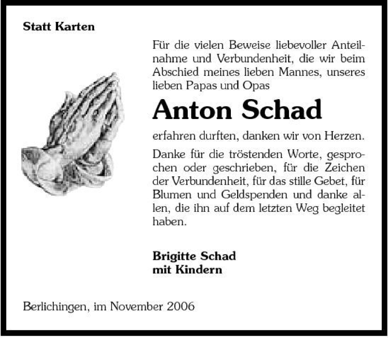  Traueranzeige für Anton Schad vom 28.11.2006 aus 