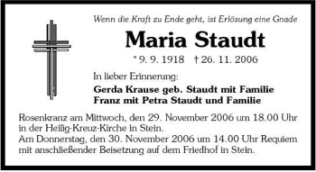 Traueranzeige von Maria Staudt 
