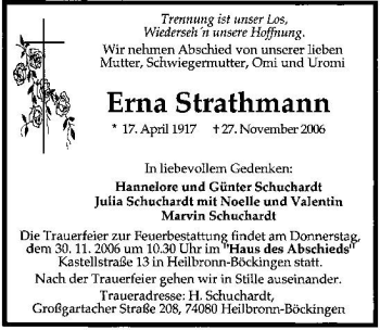 Traueranzeige von Erna Strathmann 