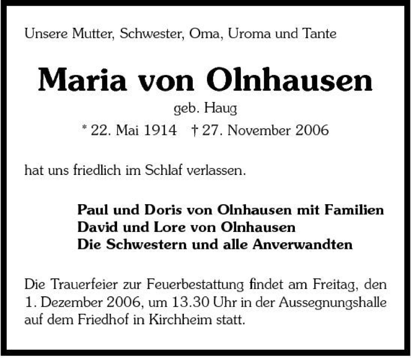  Traueranzeige für Maria von Olnhausen vom 29.11.2006 aus 