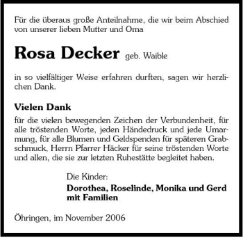 Traueranzeige von Rosa Decker 