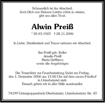 Traueranzeige von Alwin Preiß 