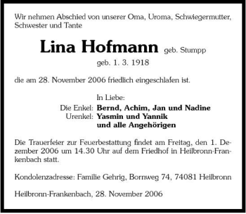 Traueranzeige von Lina Hofmann 