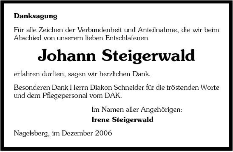  Traueranzeige für Johann Steigerwald vom 01.12.2006 aus 