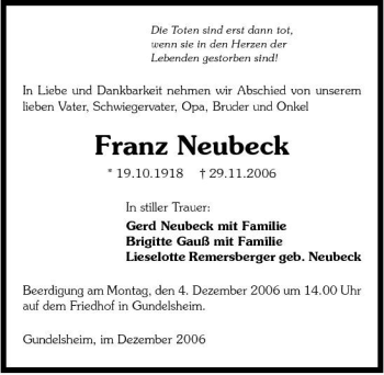 Traueranzeige von Franz Neubeck 