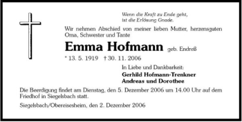 Traueranzeige von Emma Hofmann 