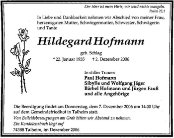 Traueranzeige von Hildegard Hofmann 