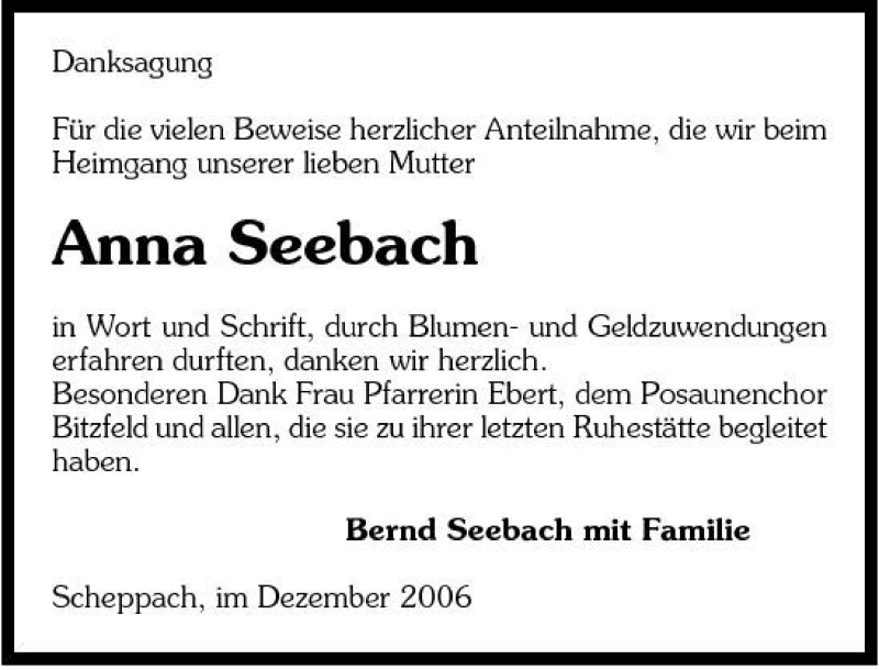  Traueranzeige für Anna Seebach vom 05.12.2006 aus 