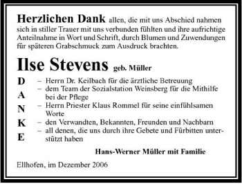 Traueranzeige von Ilse Stevens 