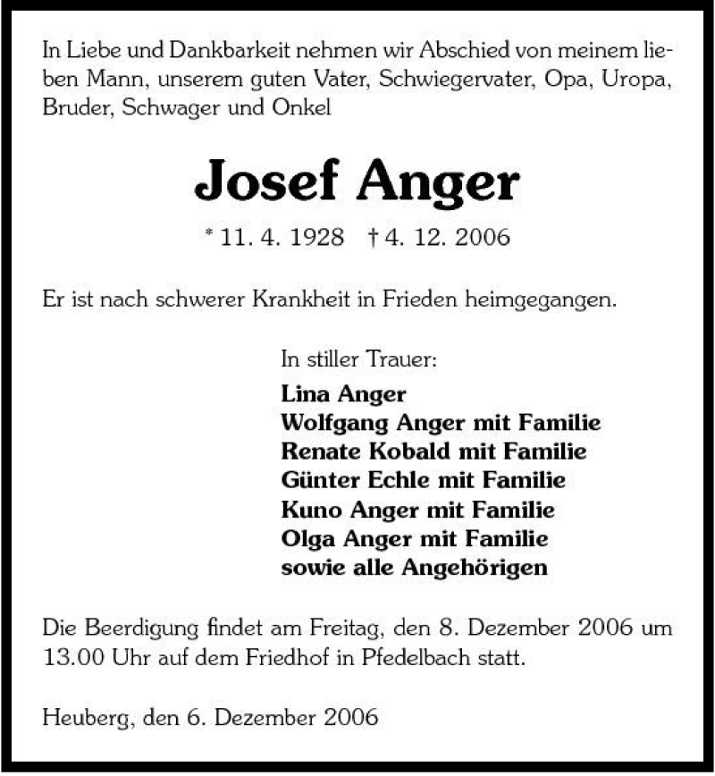  Traueranzeige für Josef Anger vom 06.12.2006 aus 