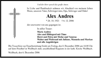 Traueranzeige von Alex Andres 