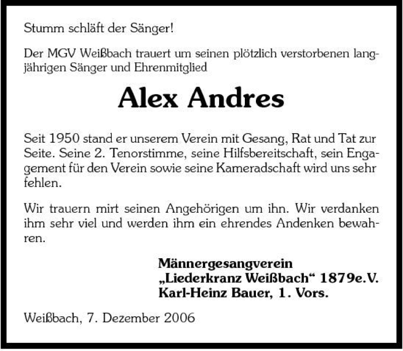  Traueranzeige für Alex Andres vom 08.12.2006 aus 
