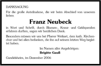 Traueranzeige von Franz Neubeck 