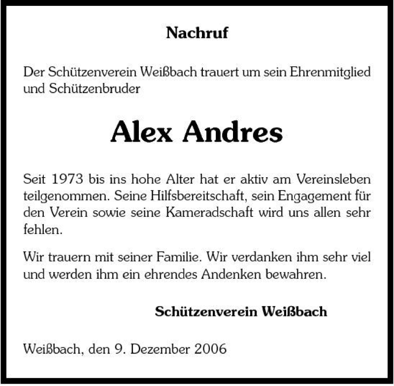  Traueranzeige für Alex Andres vom 09.12.2006 aus 