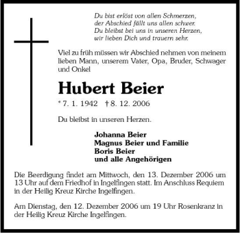 Traueranzeige von Hubert Beier 