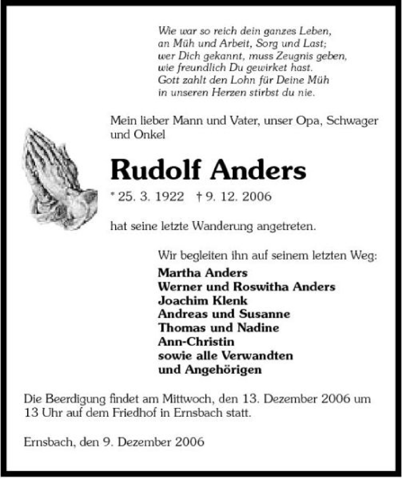  Traueranzeige für Rudolf Anders vom 11.12.2006 aus 