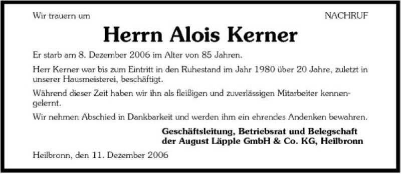  Traueranzeige für Alois Kerner vom 12.12.2006 aus 